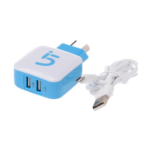 [961224] CARGADOR CELULAR 220 A MICRO USB 2.1A 2 PORTS Y CABLE