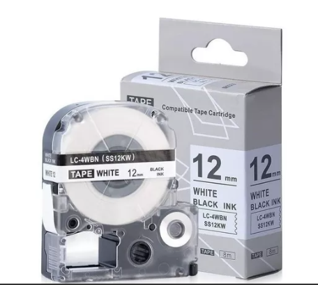 [LC4WBN] ETIQUETAS COMPATIBLE EPSON  (12 mmx8 mts) fondo blanco letras negras
