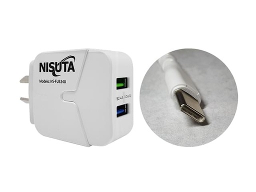 [NSFU524UC] CARGADOR NISUTA USB DE 2 PUERTOS Y 2,4 AMPER CON CABLE USB C DE 1M